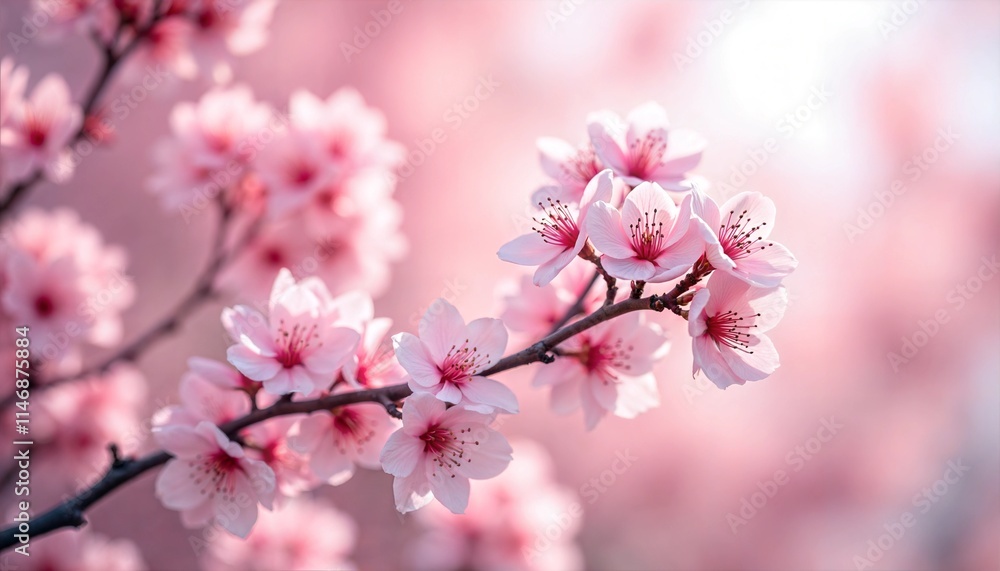 Delicate cherry blossom flowers blooming on a branch in soft sunlight Delicate cherry blossom flowers blooming on a branch in soft sunlight