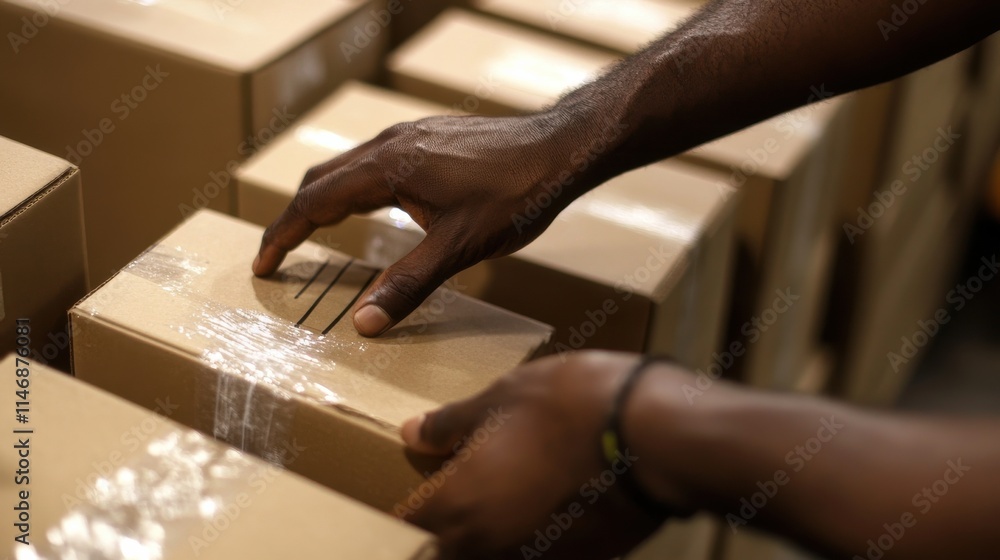 Obraz premium Hand arranging boxes for delivery logistics.