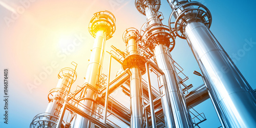 A refinery illuminated by natural ambient light, showcasing intricate pipework, chimneys, and tanks in high detail under a neutral, diffused sky. photo