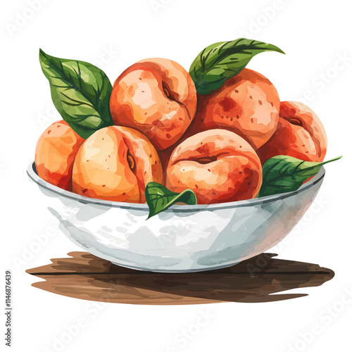 A watercolor of a bowl of fresh summer peaches on a wooden table, isolated on a white background. Summer peaches vector.
