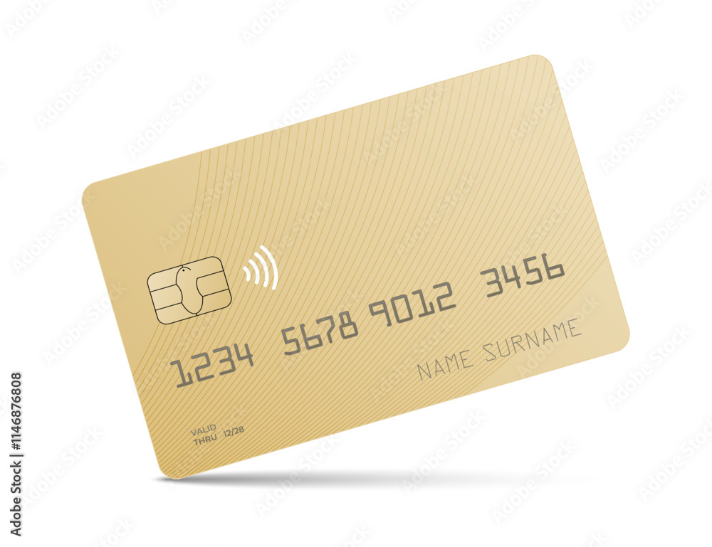 A gold credit card mock up with a shadow isolated on a white background A gold credit card mock up with a shadow isolated on a white background