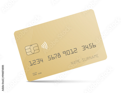 A gold credit card mock up with a shadow isolated on a white background