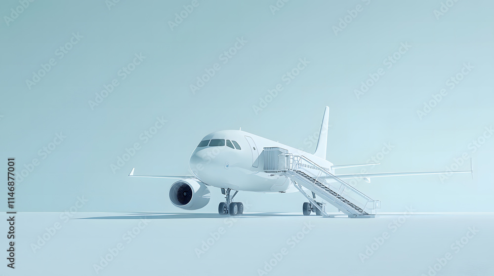 Minimalistic White Airplane on Light Blue Background with Boarding Stairs Minimalistic White Airplane on Light Blue Background with Boarding Stairs