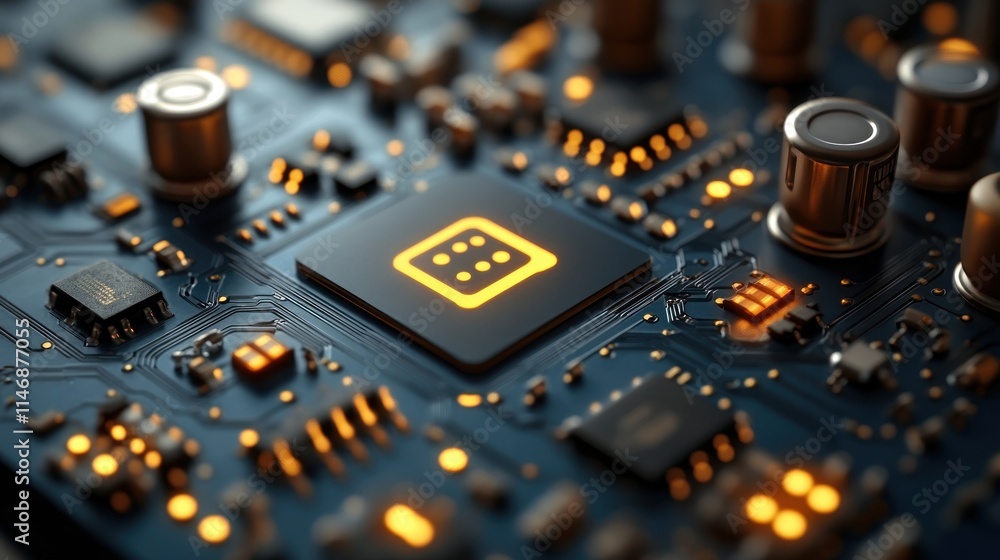 Illuminated dice icon on a circuit board. Illuminated dice icon on a circuit board.