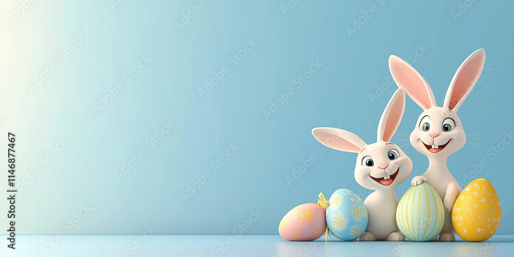 Lachender Osterhase lustige Figur im Cartoon Stil mit Ostereier, Ostern Plakat Lachender Osterhase lustige Figur im Cartoon Stil mit Ostereier, Ostern Plakat