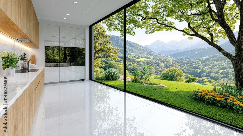 Fototapeta premium Modern minimalist kitchen interior with white glossy floors and a large panoramic window displaying a beautiful green mountain landscape.