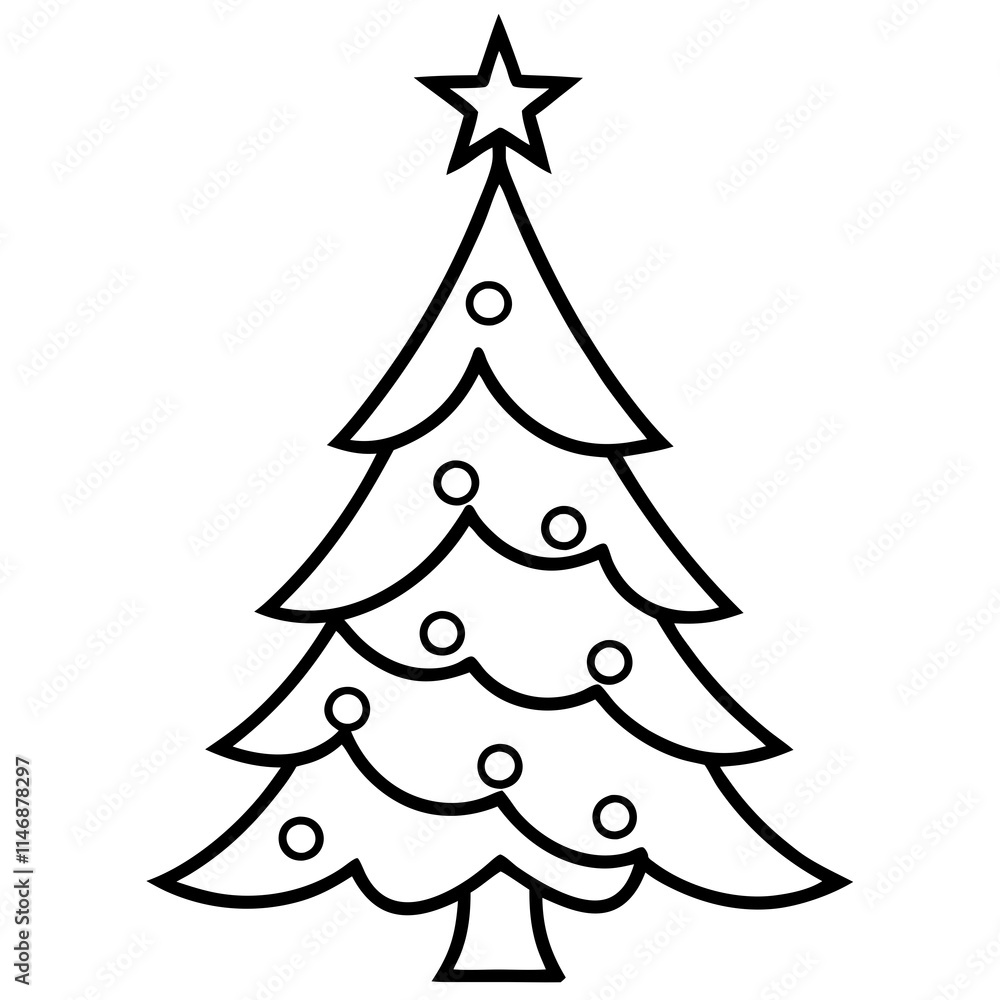 Christmas Tree Line Art Vector on White Background Christmas Tree Line Art Vector on White Background