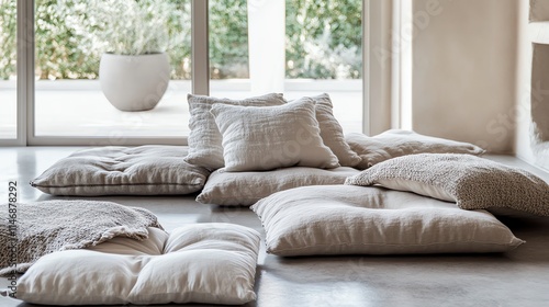 Cozy cushions scattered on a modern floor. photo