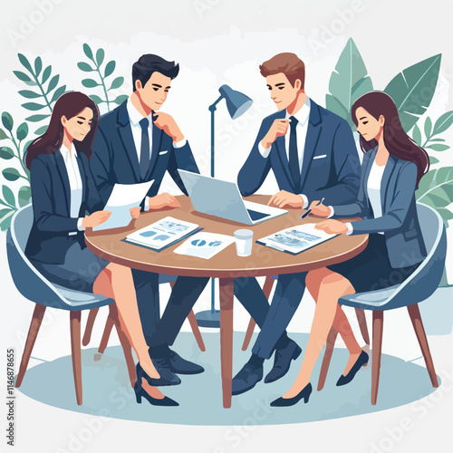 Partners meeting for business discussion with documents and laptop on desk. Couple at round table, speaking, discussing work, partnership. Flat vector illustration isolated on white background
