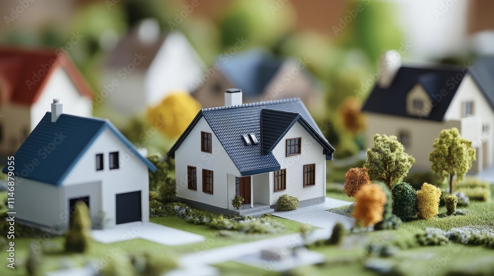 A miniature model of a suburban neighborhood with houses and trees. A miniature model of a suburban neighborhood with houses and trees.
