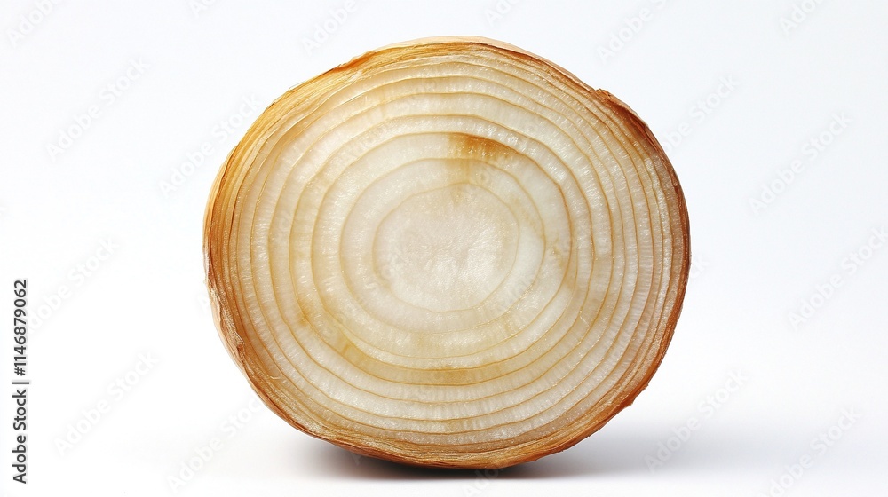Vista detallada de una rodaja de cebolla blanca mostrando sus anillos concéntricos, sobre un fondo blanco minimalista Vista detallada de una rodaja de cebolla blanca mostrando sus anillos concéntricos, sobre un fondo blanco minimalista