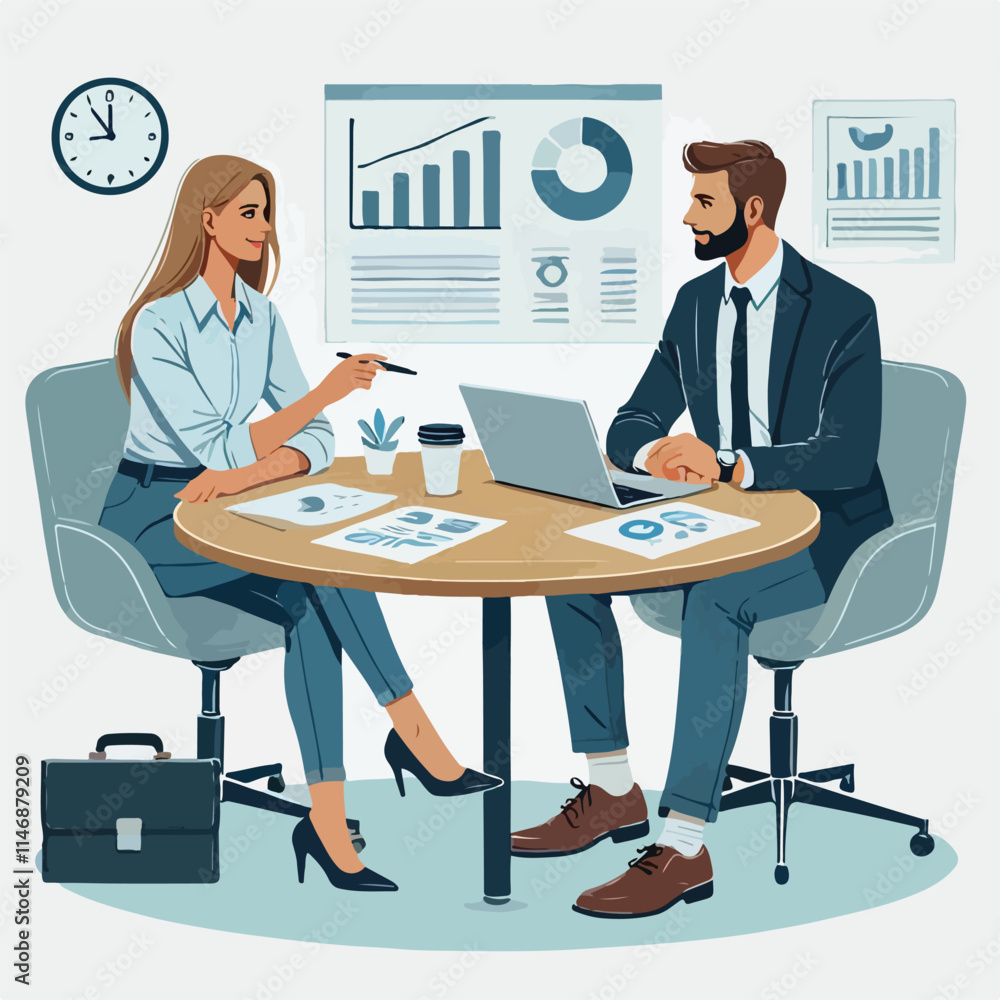 Partners meeting for business discussion with documents and laptop on desk. Couple at round table, speaking, discussing work, partnership. Flat vector illustration isolated on white background Partners meeting for business discussion with documents and laptop on desk. Couple at round table, speaking, discussing work, partnership. Flat vector illustration isolated on white background
