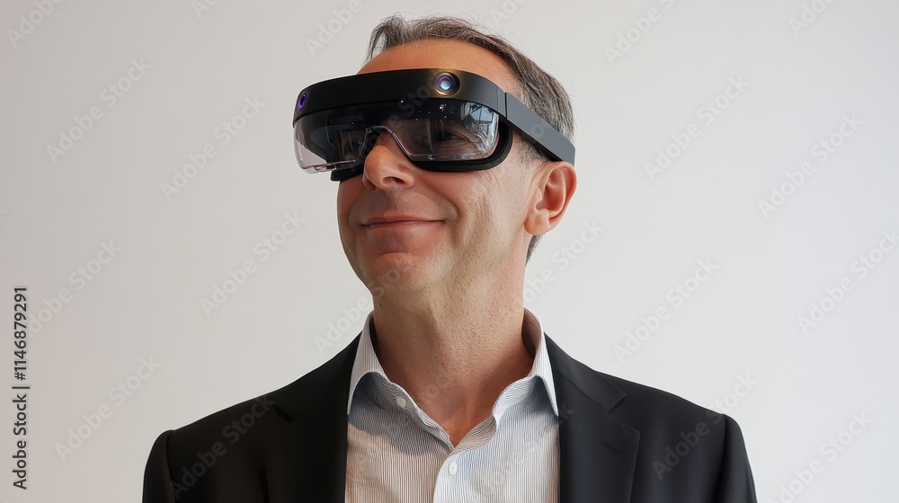 Man Wearing Smart Glasses with Technology Background Man Wearing Smart Glasses with Technology Background