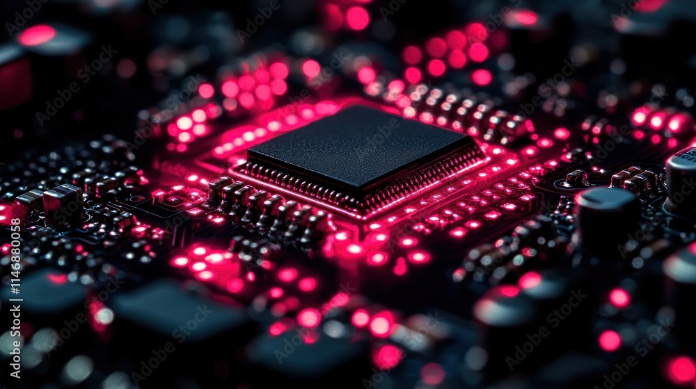 Fototapeta premium Illuminated microchip on circuit board.