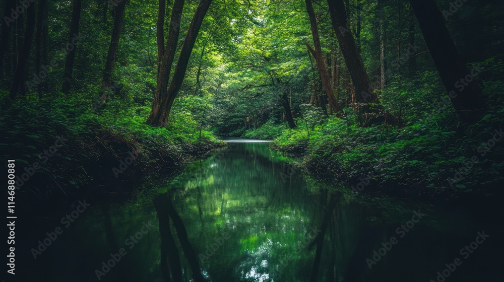 Serene forest stream reflecting lush greenery. Serene forest stream reflecting lush greenery.