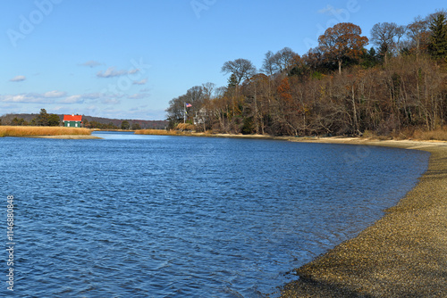 West Meadow Beach Historic District, peninsula of public parkland in northwestern Stony Brook in Suffolk County, New York, on sunny autumn day photo