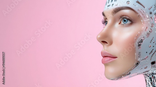 Radiant Side View of a Futuristic Female Robot Face Against a Soft Pink Background
