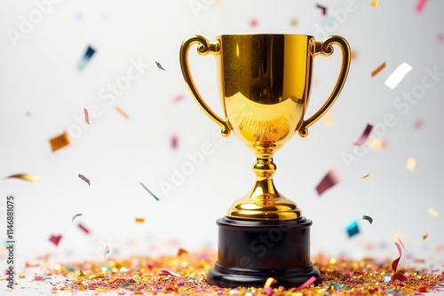 Celebrate Success with a Golden Trophy Amidst Colorful Confetti: Perfect for Achievements, Awards, and Motivational Displays. photo