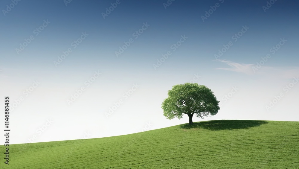 Fototapeta premium A lone tree on a verdant hill with a white background and a clear blue sky