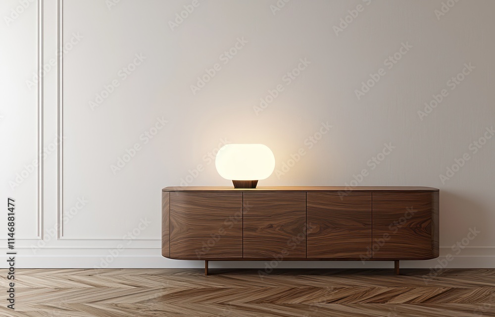 A stylish modern living room showcasing a sleek wood sideboard with a soft-lit lamp on top, placed against a white wall The rich wooden floor adds depth to the contemporary design