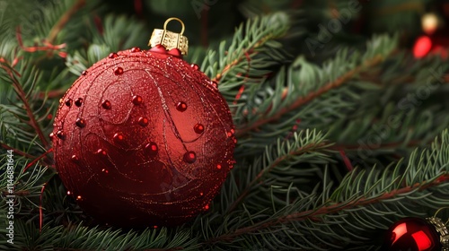 A red ornament is sitting on a tree branch. The ornament is decorated with beads. There are other ornaments on the tree as well photo