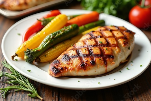 Grilled Chicken Breast with Vibrant Vegetables: A Delicious and Healthy Meal for Weight Loss and Fitness Enthusiasts. photo