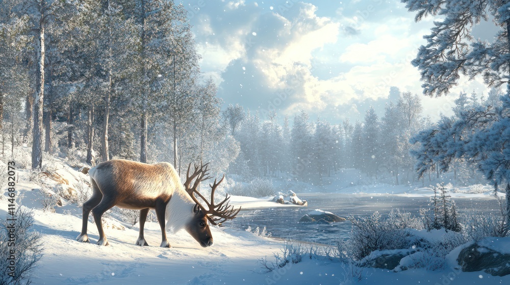 Reindeer grazing by snowy river in winter forest. Reindeer grazing by snowy river in winter forest.