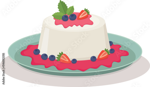 Traditional Italian dessert Panna cotta with blueberries and strawberries on a plate. Hand drawn illustration with national dish 