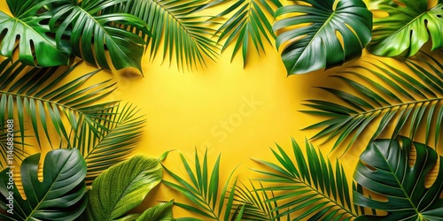 Vibrant Green Tropical Leaves Encircling a Sun-Kissed Yellow Background