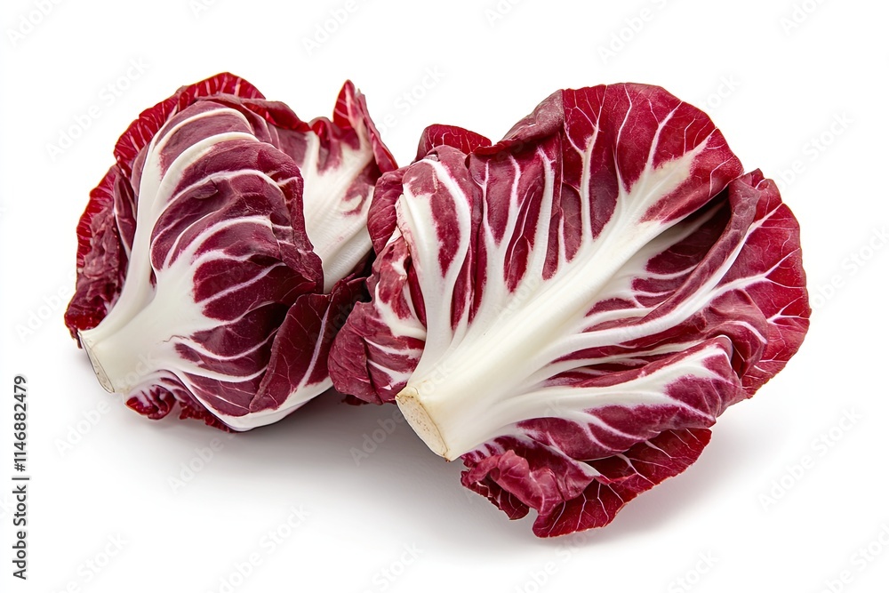 Obraz premium A pair of red and white radicchio heads, isolated on a white backdrop