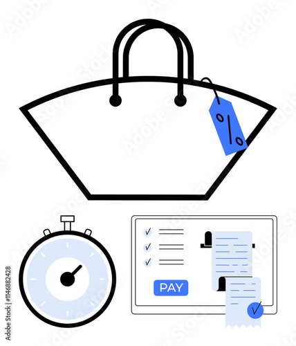 Shopping bag with price tag stopwatch online payment interface receipt. Ideal for retail, e-commerce, online shopping, payment processing, time management, sales tracking, consumer behavior. Line