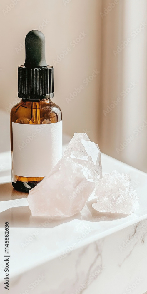 Pink quartz crystals on windowsill with cosmetics bottle, minimalist style Pink quartz crystals on windowsill with cosmetics bottle, minimalist style