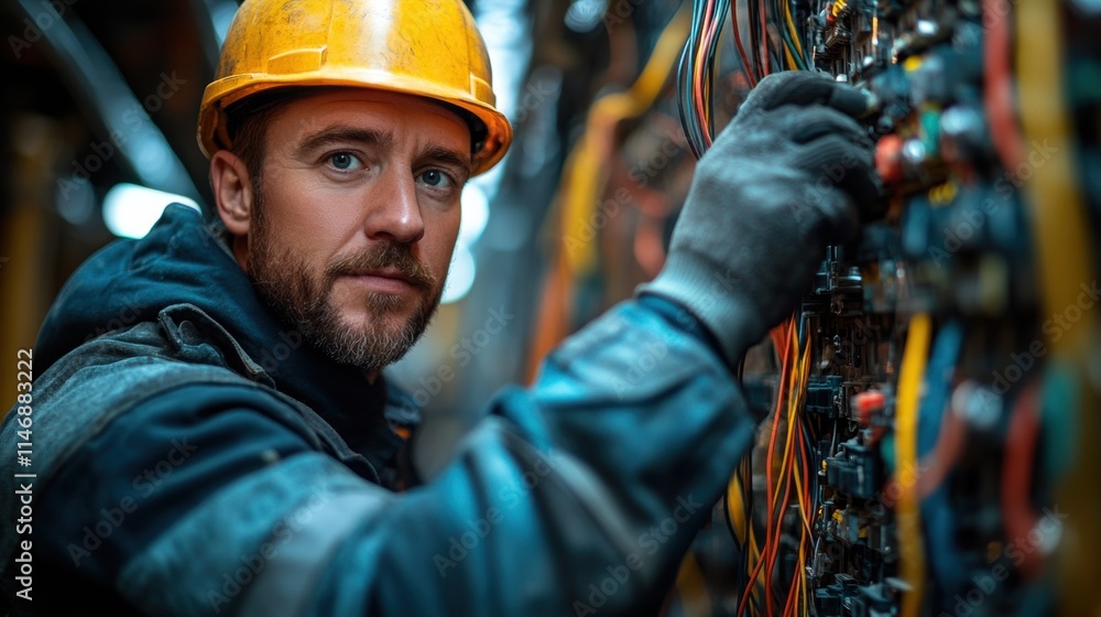 Focused electrician in protective gear working on complex wiring in industrial setting Focused electrician in protective gear working on complex wiring in industrial setting