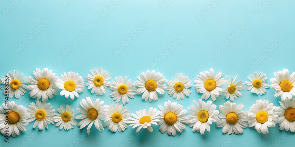Obraz premium A row of delicate white daisies with vibrant yellow centers arranged in a gentle wave against a soft blue background.