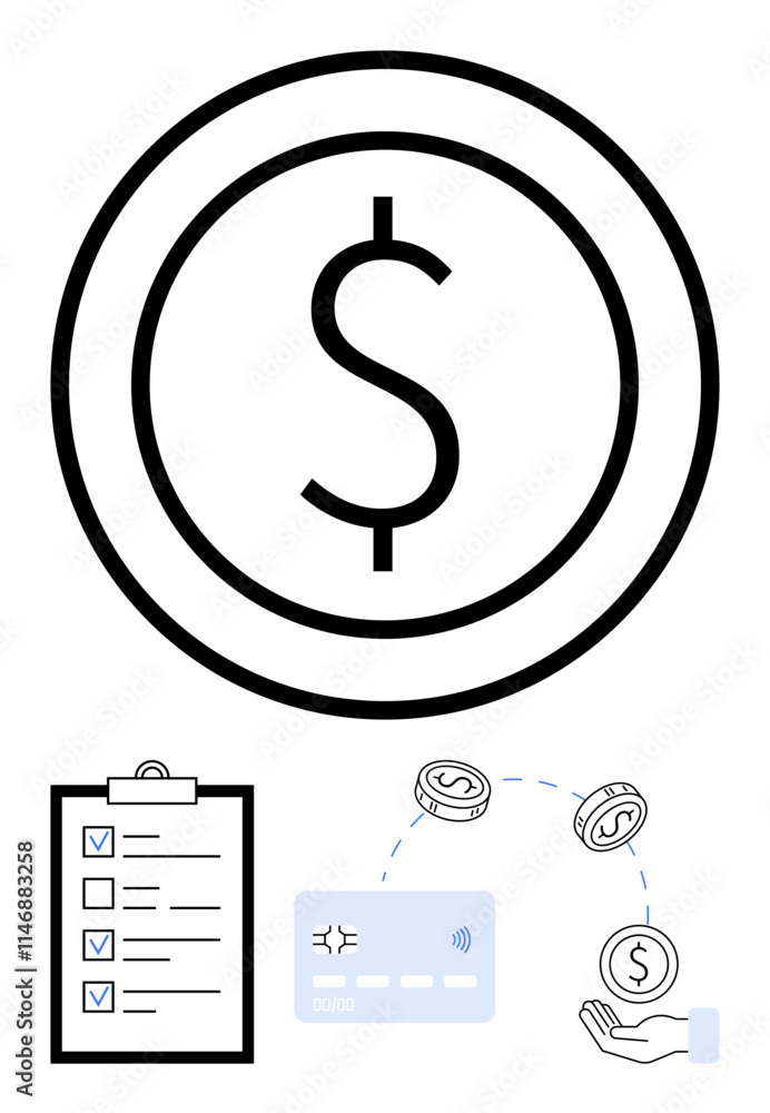 Dollar sign coin, checklist on clipboard, credit card, hand holding coin, and flying coins convey financial management. Ideal for budgeting, planning, saving, investing banking transactions loans Dollar sign coin, checklist on clipboard, credit card, hand holding coin, and flying coins convey financial management. Ideal for budgeting, planning, saving, investing banking transactions loans