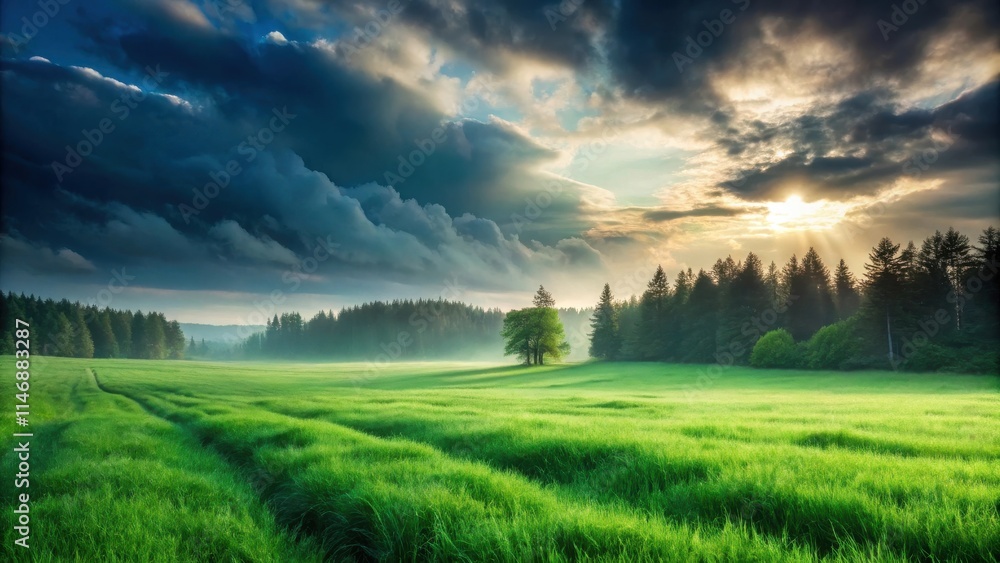 A Solitary Tree Stands Tall Amidst a Lush Green Meadow Underneath a Dramatic Sky Filled with Dark Clouds and Rays of Sunlight A Solitary Tree Stands Tall Amidst a Lush Green Meadow Underneath a Dramatic Sky Filled with Dark Clouds and Rays of Sunlight