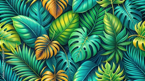 Fototapeta Naklejka Na Ścianę i Meble -  A vibrant jungle tapestry of lush green and golden leaves, showcasing the intricate details and diverse textures of tropical foliage.