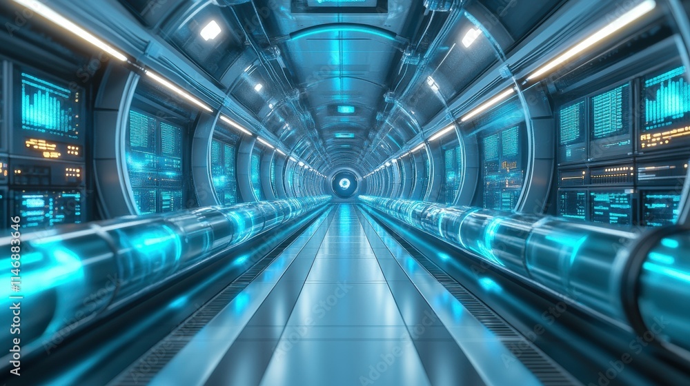 Futuristic neon sci-fi tunnel with blue glowing lights and digital displays Futuristic neon sci-fi tunnel with blue glowing lights and digital displays