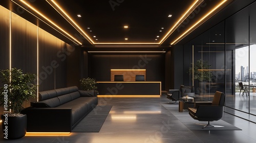 Modern dark luxury office reception area with gold lighting.