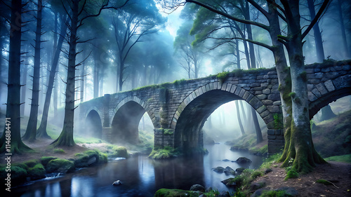 Eerie stone bridge with gothic arches fading into dense fog in a mysterious dark forest landscape photo