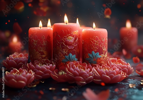 A Group of Candles Surrounded by Beautiful Flowers


 photo