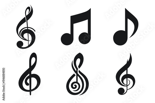 black and white music notes icons silhouette vector set