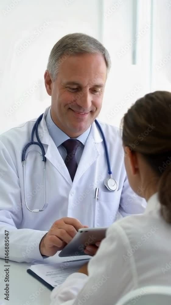 vertical video of a middle-aged male doctor working on tablet ad consulting with a patient in a medical office vertical video of a middle-aged male doctor working on tablet ad consulting with a patient in a medical office