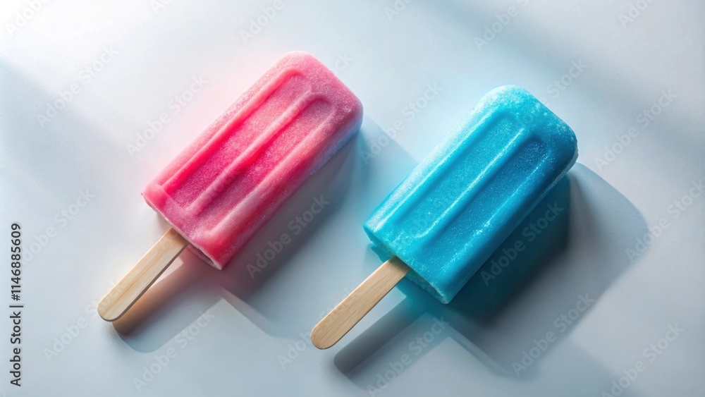 A frozen treat, one pink and one blue, sitting on a white background with shadows from the summer sun. A frozen treat, one pink and one blue, sitting on a white background with shadows from the summer sun.