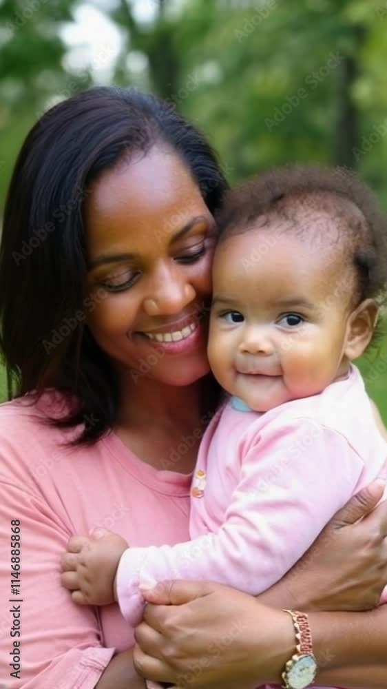 vertical video of an African american smiling mother holding her baby outdoors in a park vertical video of an African american smiling mother holding her baby outdoors in a park