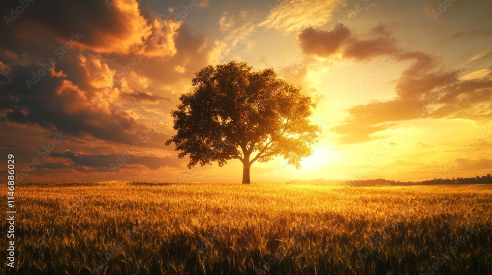 Solitary tree in golden wheat field at sunset. Solitary tree in golden wheat field at sunset.