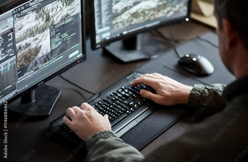 A detective typing on a keyboard, analyzing digital footprints on multiple screens A detective typing on a keyboard, analyzing digital footprints on multiple screens