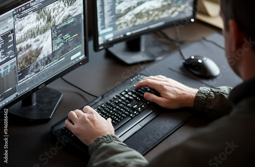 A detective typing on a keyboard, analyzing digital footprints on multiple screens