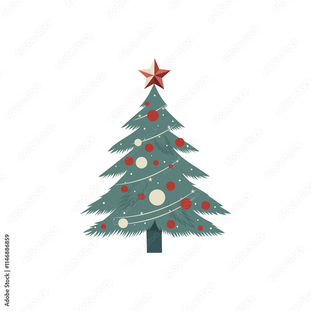 Fototapeta premium Christmas tree without decorations isolated on white background. Decorations with balls and garlands. Vector illustration. For New Year cards, banners, posters.