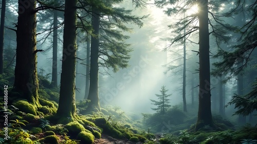 Moss-draped pine trunks, a tranquil forest scene. photo